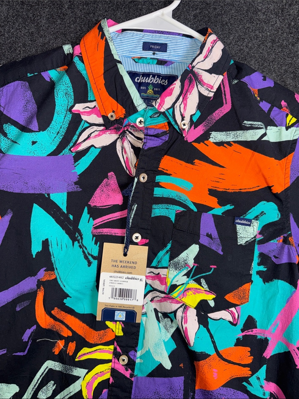 chubbies Black Button-Up Shirt with Teal, Purple, Orange & Pink Abstract Print